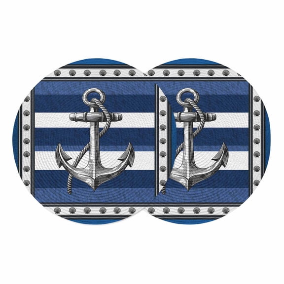 Navy Blue Anchor Round 13 Inch Placemats Set of 2, Nautical Summer Beach Coastal Ocean HeatResistant Non Slip Place Mats for Dining Table, Wipeable Braided Kitchen Table Mats for Housewarming