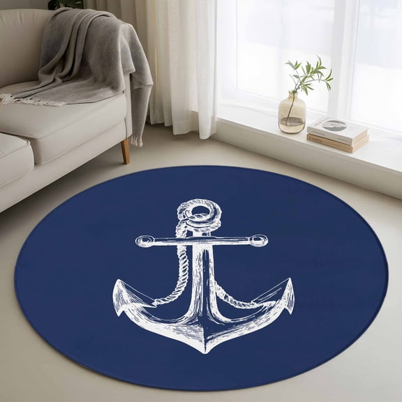 Navy Blue Anchor Round Area Rug 3.3 FT, Non Slip Small Entryway Kitchen Mat, Coastal Nautical Marine Minimalist Washable Soft Circular Rug Non-Shedding Door Mat for Bathroom Playroom Kids Room