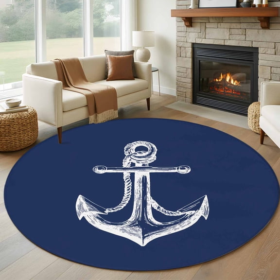 Navy Blue Anchor Round Area Rug 6 FT, Non Slip Bedroom Area Rug, Coastal Nautical Marine Minimalist Washable Soft Circular Carpet Non-Shedding Floor Mat for Kitchen Dining Room Home Office Kids Room