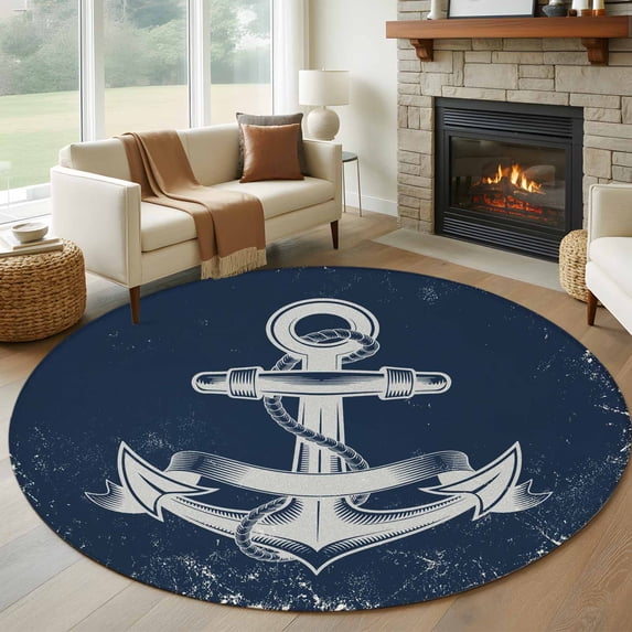 Navy Blue Anchor Round Area Rug 7Ft Washable Circle Rugs for Dorm Laundry Room, Nautical Coastal Summer Vintage Ocean Non-Slip Carpet Floor Mats Indoor Outdoor Carpet Runner Aesthetic Home Decor
