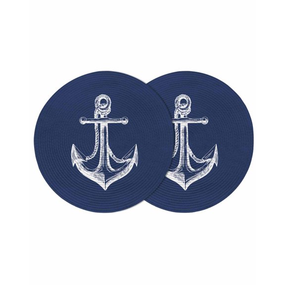 Navy Blue Anchor Round Placemats Set of 2 for Dinning Tables,Heat-proof Braided Table Mats 13 Inch,Coastal Nautical Marine Minimalist Washable Place Mat for Kitchen Restaurant Party Table Decor