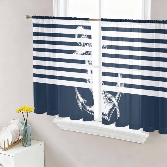 Navy Blue Anchor Sheer Curtains 54 Inch Length 2 Panels for Living Room, Nautical Coastal Abstract Art Voile Kitchen Curtain Set, Luxury Privacy Drapes Window Treatment for Bedroom