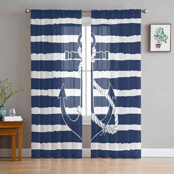 Navy Blue Anchor Sheer Curtains 96 Inches Long 2 Panels Set, Window Sheer Curtains for Living Room/Bedroom, Nautical White Horizontal Striped Light Filtering Rod Pocket Curtain 52'' x 96'' x 2