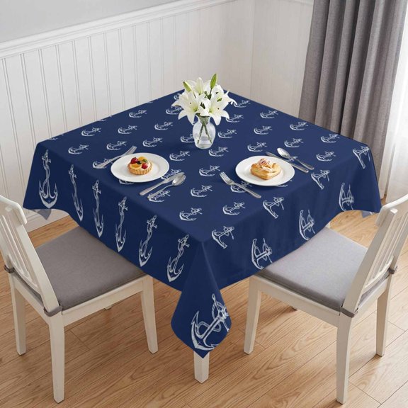 Navy Blue Anchor Table Cloth Waterproof Tablecloths, Nautical Coastal Summer Ocean Ship Tablecloth Dining Table Cover for Kitchen Party Tabletop Outdoor, Square Tablecloth 54x54 Inch