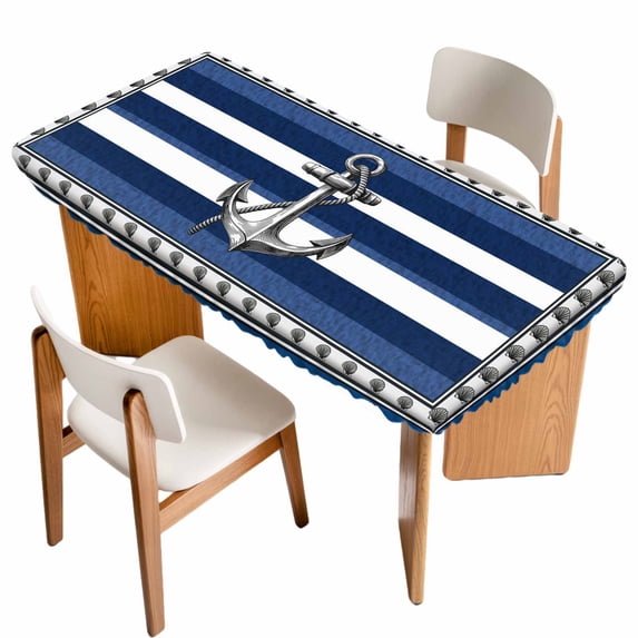 Navy Blue Anchor Table Cloths for 3 Foot Rectangle Tables, Nautical Summer Beach Coastal Ocean Patio Waterproof Elastic Fitted Tablecloths, Washable Rectangular Table Cover for Camping