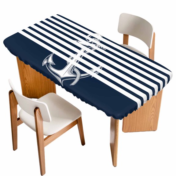 Navy Blue Anchor Table Cloths for 4 Foot Rectangle Tables, Nautical Coastal Abstract Art Patio Waterproof Elastic Fitted Tablecloths, Washable Rectangular Table Cover for Camping