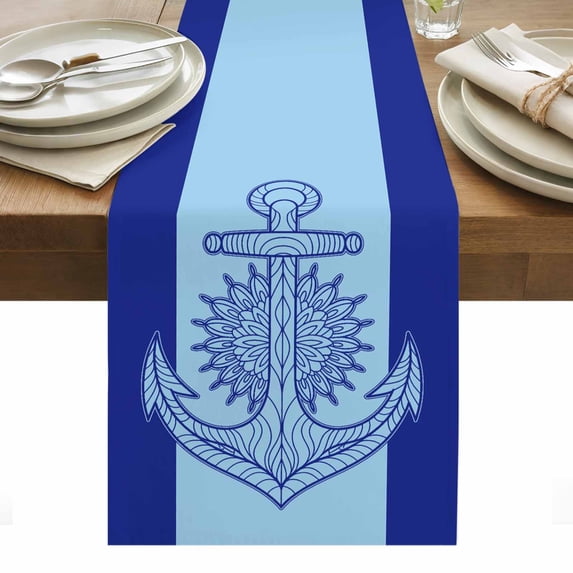Navy Blue Anchor Table Runner - 108 Inch Long, Kitchen Dining Table Runner Dresser Scarves, Nautical Mandalas Boho Modern Abstract Farmhouse Decor for Coffee Tables Wedding Party Banquet