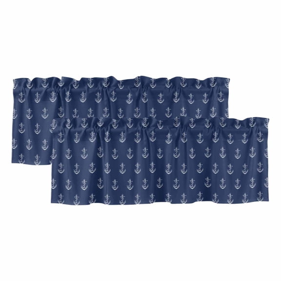 Navy Blue Anchor Valances for Windows, Decorative Rod Pocket Window Valance Curtains, Nautical Coastal Summer Ocean Ship Short Curtain Drapes for Kitchen/Bathroom/Living Room, 2 Panels, 42" W x 12" L