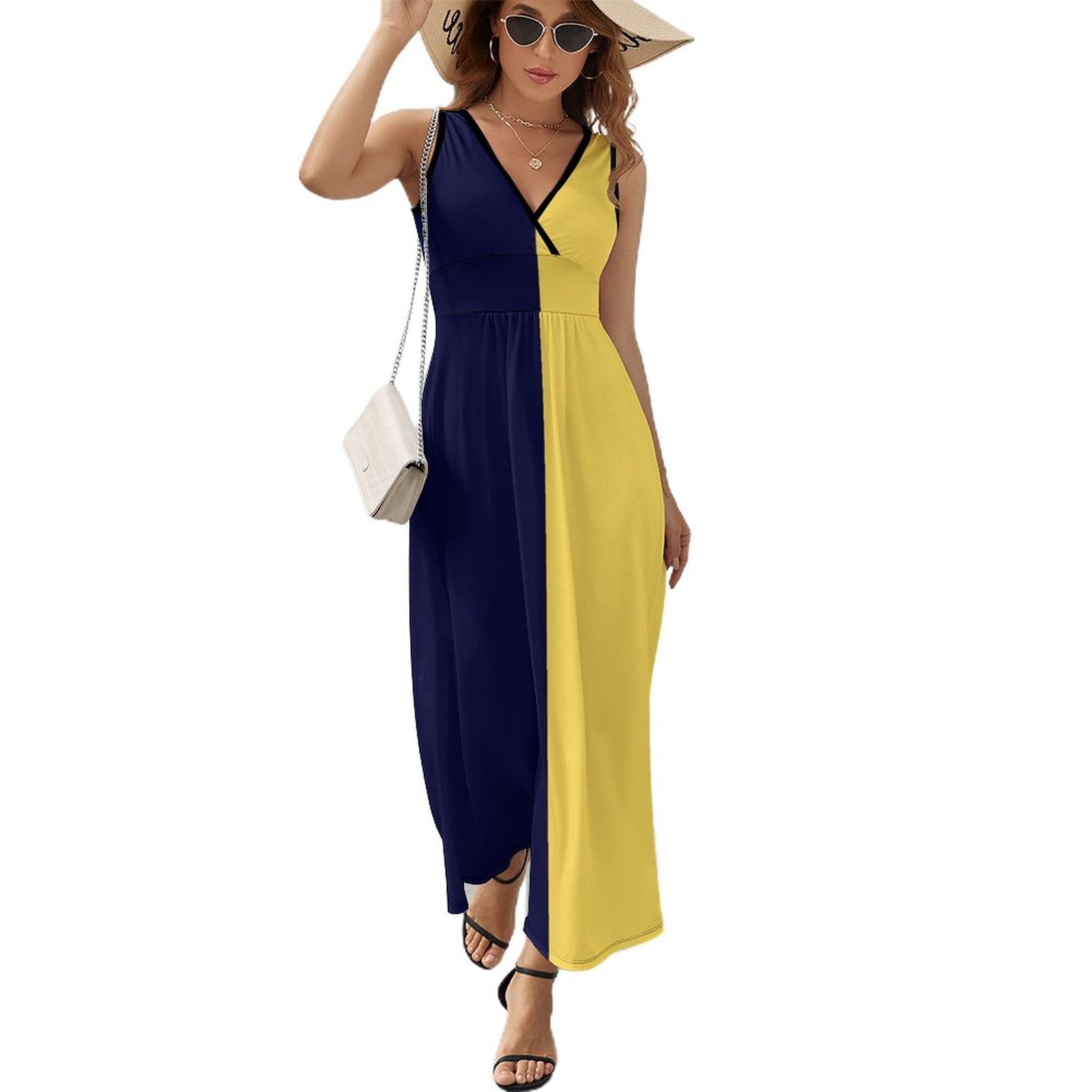 Navy Blue And Mustard Yellow Half And Half Sleeveless Dress dress for women 2024 summer dresses Walmart