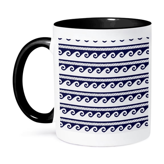 Navy Blue And White Ocean Waves And Nautical Rope Pattern, 15oz Two-Tone Black Mug