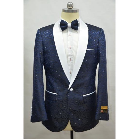 Navy Blue And White Two Toned Paisley Floral Blazer Tuxedo Dinner Jacket Fashion Sport Coat + Matching Bow Tie