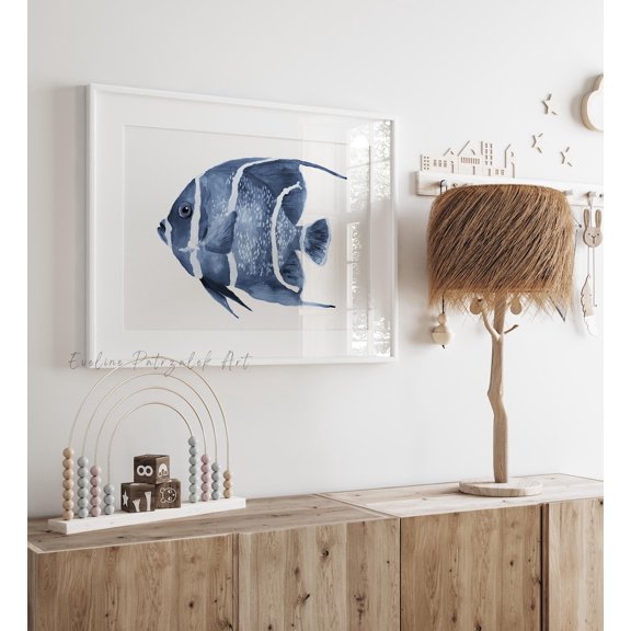 Navy Blue Angelfish Coastal Ocean Fish For Beach He Decor Wall Art Print