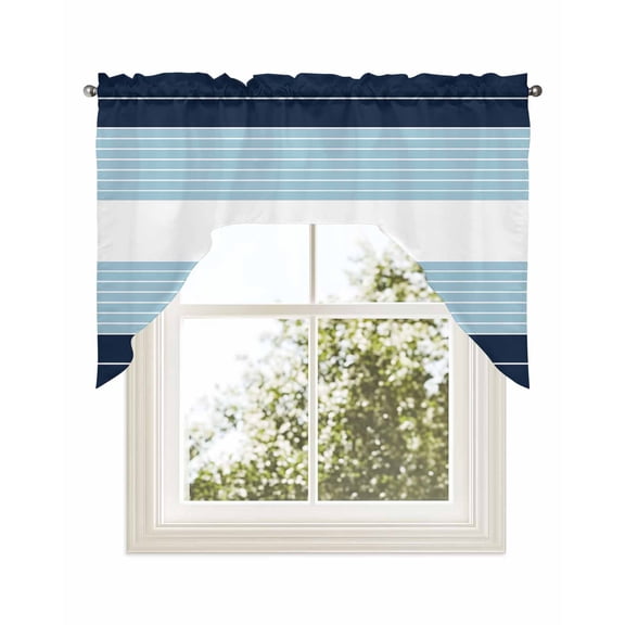 Navy Blue Aqua Stripe Kitchen Curtains Swag Valance for Windows/Bathroom/Cafe, Modern Art Horizontal Striped Rod Pocket Drape Panel Swag Curtains Valance for Bedroom/Living Room 56"x36"
