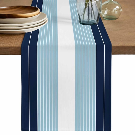 Navy Blue Aqua Stripe Table Runner, Modern Art Horizontal Striped Washable Cotton Linen Table Runners 72 Inches Long, Dresser Scarf Runner for Dining Tables/TV Stands/Coffee/Cabinets 18''x72''
