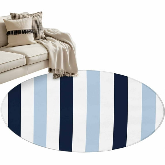 Navy Blue Aqua Striped Large Area Rugs for Bedroom Living Room, Soft Non Slip Carpet Bedside Rug, Farmhouse Stripe Art Round Floor Cover Kitchen Accent Rug 3.3' for Dining Room/Office