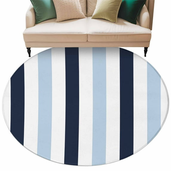 Navy Blue Aqua Striped Large Area Rugs for Bedroom Living Room, Soft Non Slip Carpet Bedside Rug, Farmhouse Stripe Art Round Floor Cover Kitchen Accent Rug 7' for Dining Room/Office