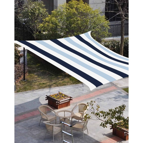 Navy Blue Aqua Striped Sun Shade Sail 6.5'x10' Rectangle Outdoor Shade Canopy, Farmhouse Stripe Art Porch Shades Outdoor Sun Blocking Screen, Sunshade Cloth Covers for Patio/Deck/Garden