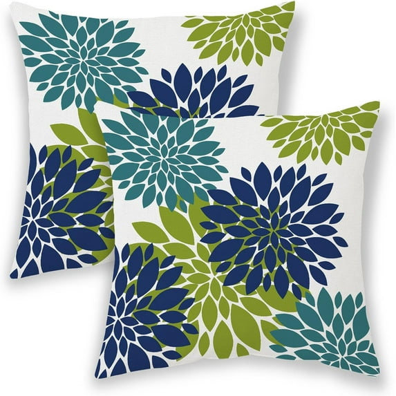 Navy Blue Aqua Teal Summer Outdoor Pillow Covers 18x18 Inch 2 Pcs,Geometric Elegant Dahlia Floral Decorative Throw Pillows,Sage Green Flower Decor Pillowcase Linen Cushion Cover for Couch