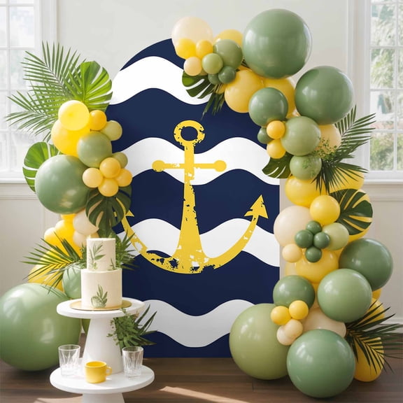 Navy Blue Arch Backdrop Cover, 4FT, Wave Stripes Yellow Nautical Anchor Spandex Arch Covers Double-Sided Backdrop for Wedding Birthday Party Photo Background Decoration