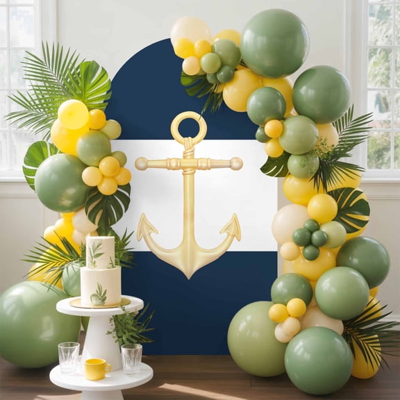 Navy Blue Arch Backdrop Cover, 5FT, Stripe Gold Anchor Pattern Spandex Arch Covers Double-Sided Backdrop for Wedding Birthday Party Photo Background Decoration