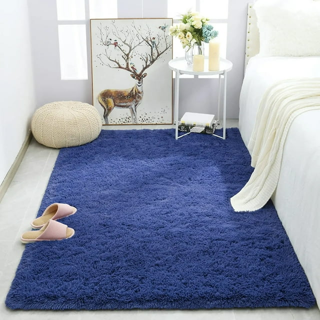 Navy Blue Area Rug for Bedroom,4'X6', Fluffy Shag Rug for Living Room