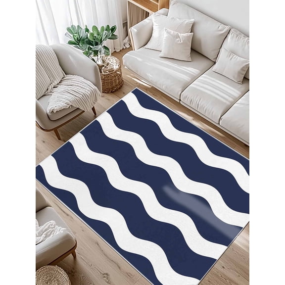 Navy Blue Area Rug for Bedroom 4x6 Ft Wavy Stripes Super Soft fuzzy Throw Rug Non-Slip Fluffy Plush Indoor Floor Carpet for Living Room Nursery Home Decor