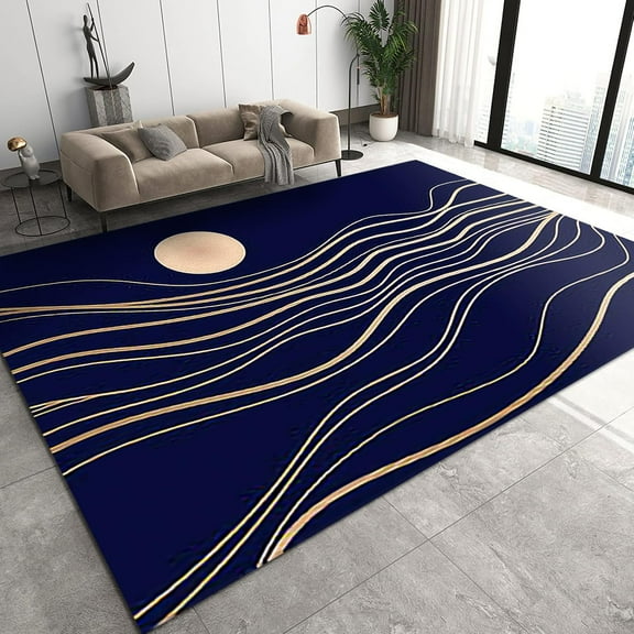 Navy Blue Area Rug, Yellow Moon Stripes Wavy Texture Indoor Carpet, Modern Home Decor Non-Slip Backing Machine Washable Rug for Living Room Bedroom Apartment Mats 2ft x 3ft