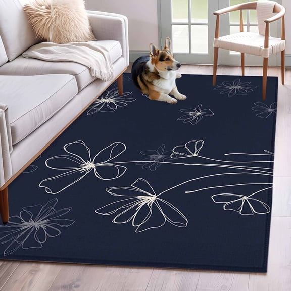 Navy Blue Area Rugs 4'x6', Washable Small Throw Rugs for Office Bathroom, Spring Flora Indoor Outdoor Rug Non-Slip Low Pile Carpet Runner Reversible Floor Mats