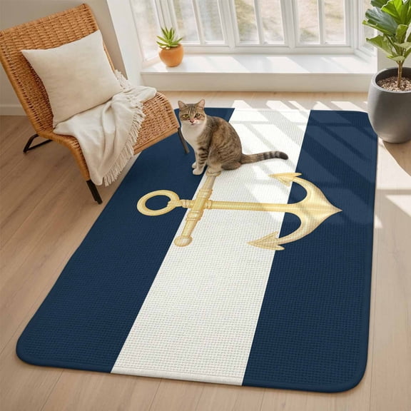 Navy Blue Area Rugs for Living Room 5x6, Stripe Gold Anchor Pattern Washable Area Rug with Non Slip Backing, Stain Resist Linen Carpet for Bedroom, Dining Room, Entryway, Entrance