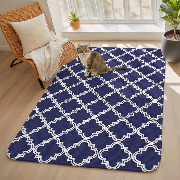 Navy Blue Area Rugs for Living Room 5x7, Moroccan Geometric Abstract Washable Area Rug with Non Slip Backing, Stain Resist Linen Carpet for Bedroom, Dining Room, Entryway, Entrance