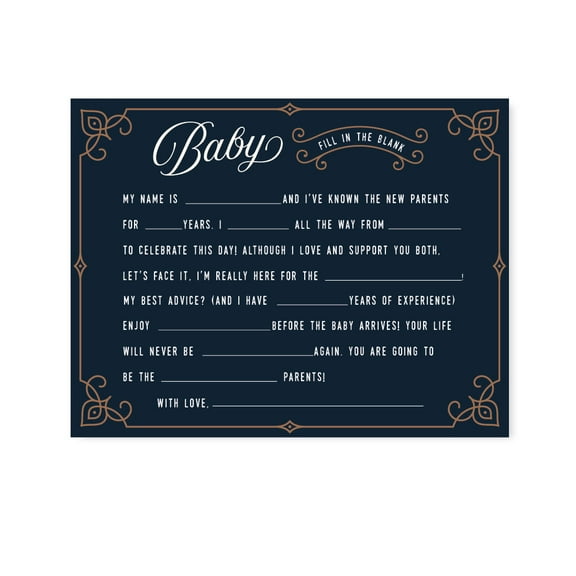 Navy Blue Art Deco Vintage Party Baby Shower, Baby Fill in the Blanks Cards, 20-Pack, Games