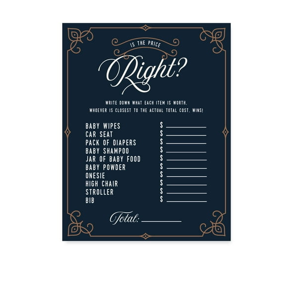 Navy Blue Art Deco Vintage Party Baby Shower, Is the Price Right Game Cards, 20-Pack, Games