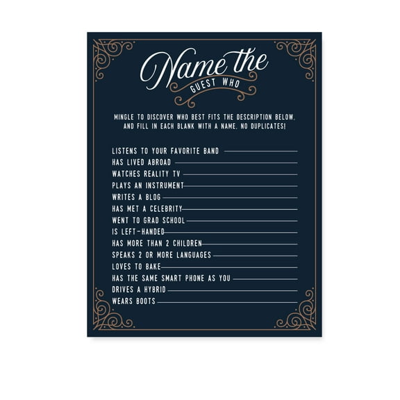 Navy Blue Art Deco Vintage Party Baby Shower, Name the Guest Who Game Cards, 20-Pack, Games