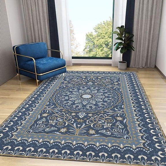 Navy Blue Art Style Area Rug, Classic Vintage Living Room Rugs, Non Slip Machine Washable Easy Care Carpet For Indoor Bedroom Study Apartment Home Decor 5 x 7ft