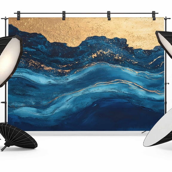Navy Blue Backdrop for Photoshoot, Photography Photo Studio Background Wall Backdrop, Modern Abstract Luxury Golden Back Drop Banner Panel for Portraits Wedding Party Live Streaming Decor 7x5Ft