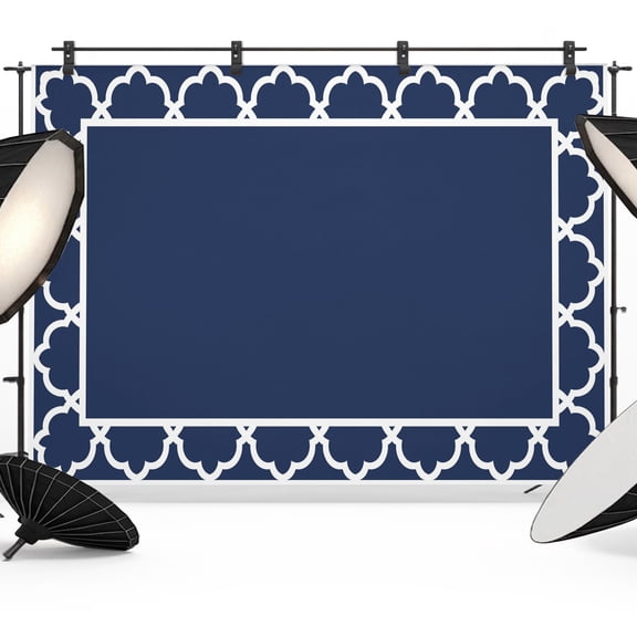 Navy Blue Backdrops for Photography, Geometric Blue Morocco Printed Border Modern Rustic Fabric Photo Background Sturdy Studio Props for Photo Studio, Video Recording, Booth & Photoshoot 7x5ft