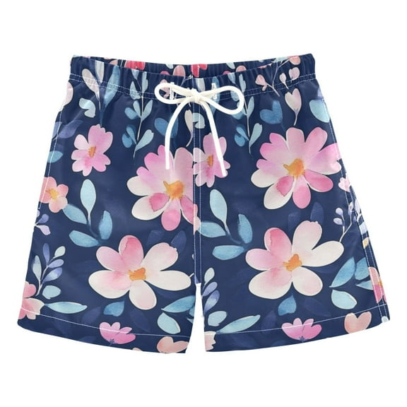 Navy Blue Background with Pink Flowers Boys Swim Trunks Quick Dry Boy Swim Shorts for 3-14 Years