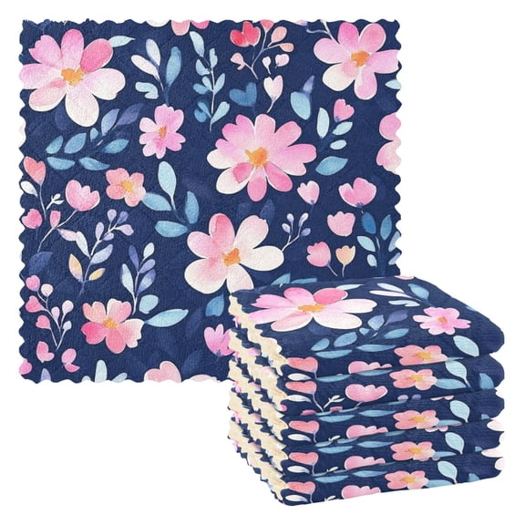 Navy Blue Background with Pink Flowers Kitchen Cloth Dish Towels for Drying Washing Absorbent Dish Rags 6 Pack