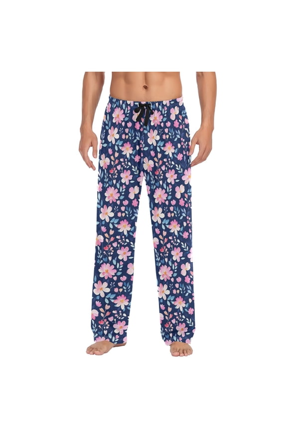Navy Blue Background with Pink Flowers Mens Pajama Pant Sleep and Lounge Bottons with Pockets