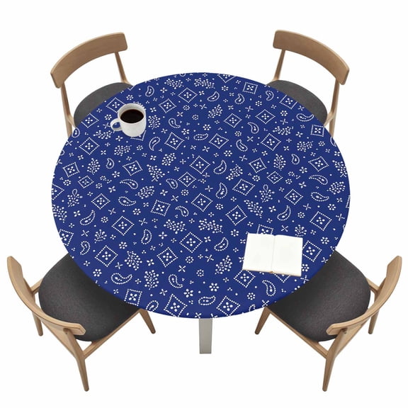 Navy Blue Bandana Round Fitted Table Cover Rustic Southwestern Minimalist Farmhouse Flower Waterproof Table Cloth with Elastic Edge Wipeable Tablecloth for Picnic Camping Party Fits 36"-44" Tables