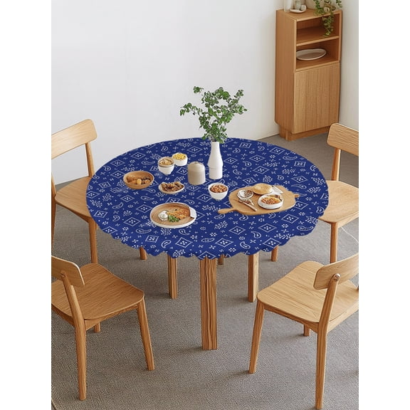 Navy Blue Bandana Round Fitted Tablecloth with Elastic Edge, Rustic Southwestern Minimalist Farmhouse Flower Waterproof Stretch Table Covers for 36"-44" Tables Wipeable Table Cloth for Outdoor