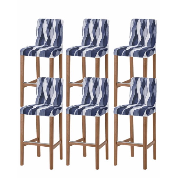 Navy Blue Bar Stool Covers Set of 6, Modern Moire Abstract Ripple Geometric Stretch Washable Bar Chair Covers with Backs, Removable Pub Counter Height Chair Cover for Kitchen Dining Room Cafe