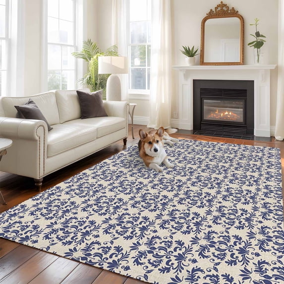 Navy Blue Baroque Area Rug 5x8 FT, Non Slip Bedroom Throw Carpet, Vintage Abstract Art Pattern Washable Soft Floor Carpet Non-Shedding Rug for Living Room Nursery Dorm Office