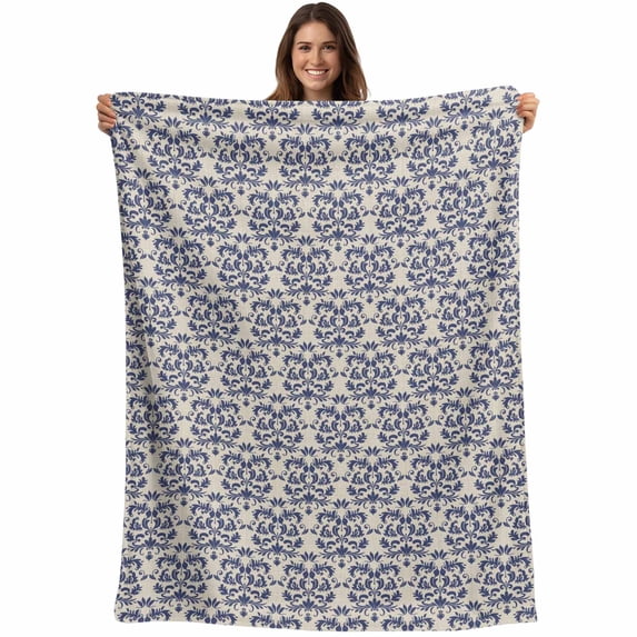 Navy Blue Baroque Blanket Soft Cozy Warm Twin Blanket for Bed, Plush Fuzzy Flannel Fleece Blankets for Sofa, Vintage Abstract Art Pattern Throw Blankets for Couch, Gifts for Men, 60"x80"