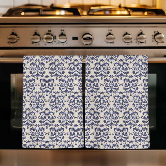 Navy Blue Baroque Kitchen Towels Set of 1, Vintage Abstract Art Pattern Absorbent Dish Towels for Kitchen, Microfiber Hand Towel, Quick Drying Tea Towel for Cleaning Decorative Dishcloths