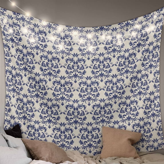 Navy Blue Baroque Large Tapestry for Bedroom Wall Hanging Tapestry, Vintage Abstract Art Pattern Ceiling Backdrop Tapestries Poster Blanket Wall Decor for Teens Room Living Room Dorm 100" x 59"