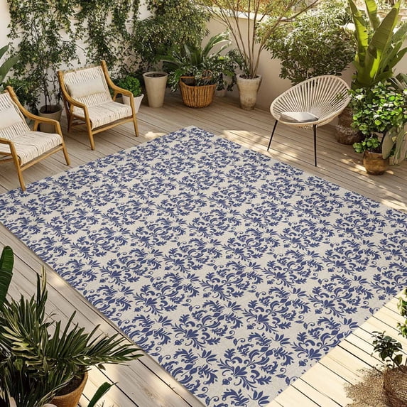 Navy Blue Baroque Outdoor Rug 5x7 Ft - Reversible Patio Rug Outdoor Camping Rugs, Vintage Abstract Art Pattern Washable Indoor Outdoor Area Rugs, Non-Slip Outdoor Carpet Runner for Deck/Porch