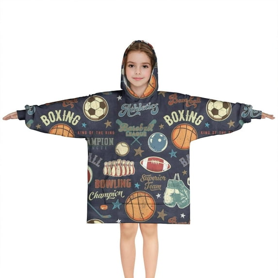 Navy Blue Baseball Football Pattern Blanket Hoodies for Kids 6-13YR Oversize Wearable Blanket Hoodies for Boys Girls Teens
