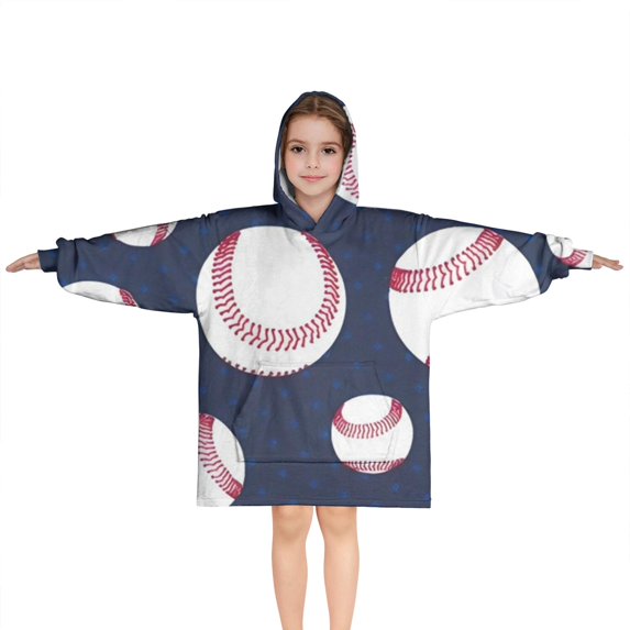 Navy Blue Baseballs Pattern Blanket Hoodies for Kids 6-13YR Oversize Wearable Blanket Hoodies for Boys Girls Teens