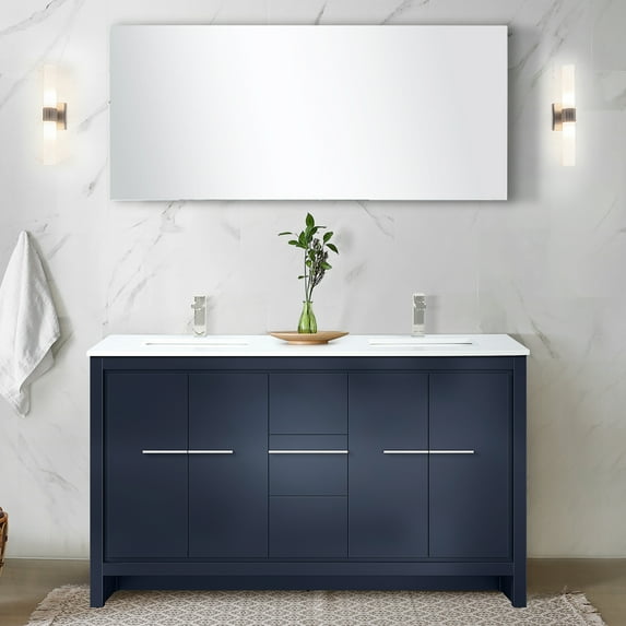 Navy Blue Bath Vanity 60 In. W X 20 D, White Quartz Countertop, 55 Mirror, Soft Close, Cabinets And Drawers For Fresh Bathroom Vanity, Surface, Warm Elegant